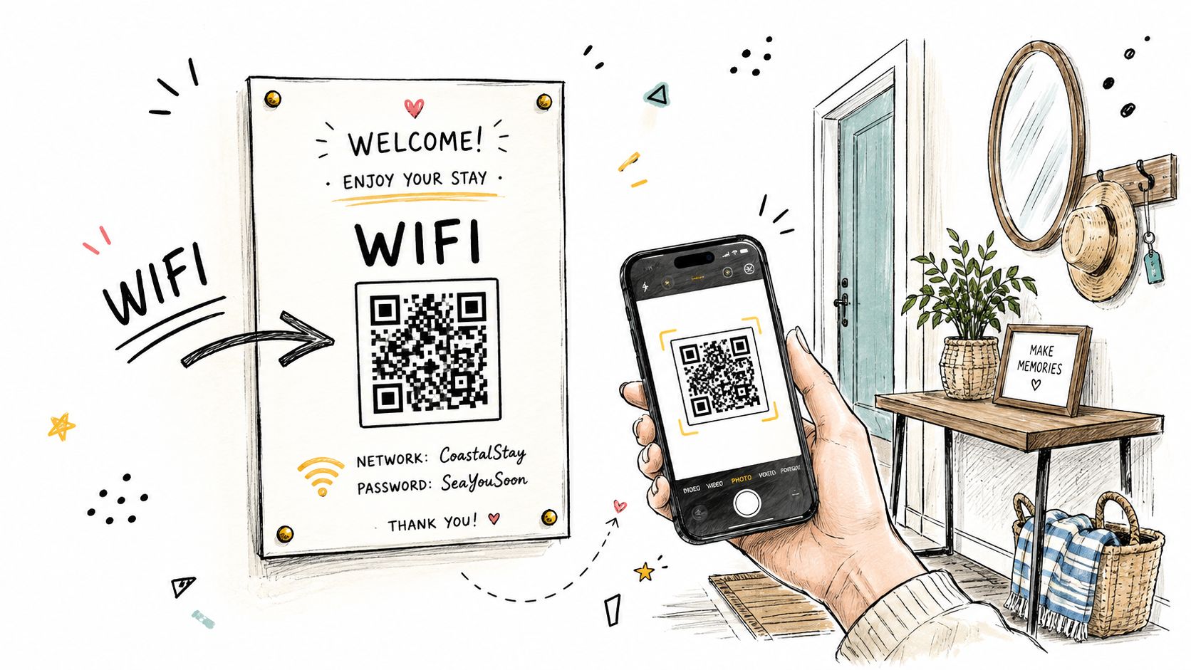 Una mano sostiene un smartphone para escanear un cartel de Wi-Fi con código QR en un pasillo acogedor.