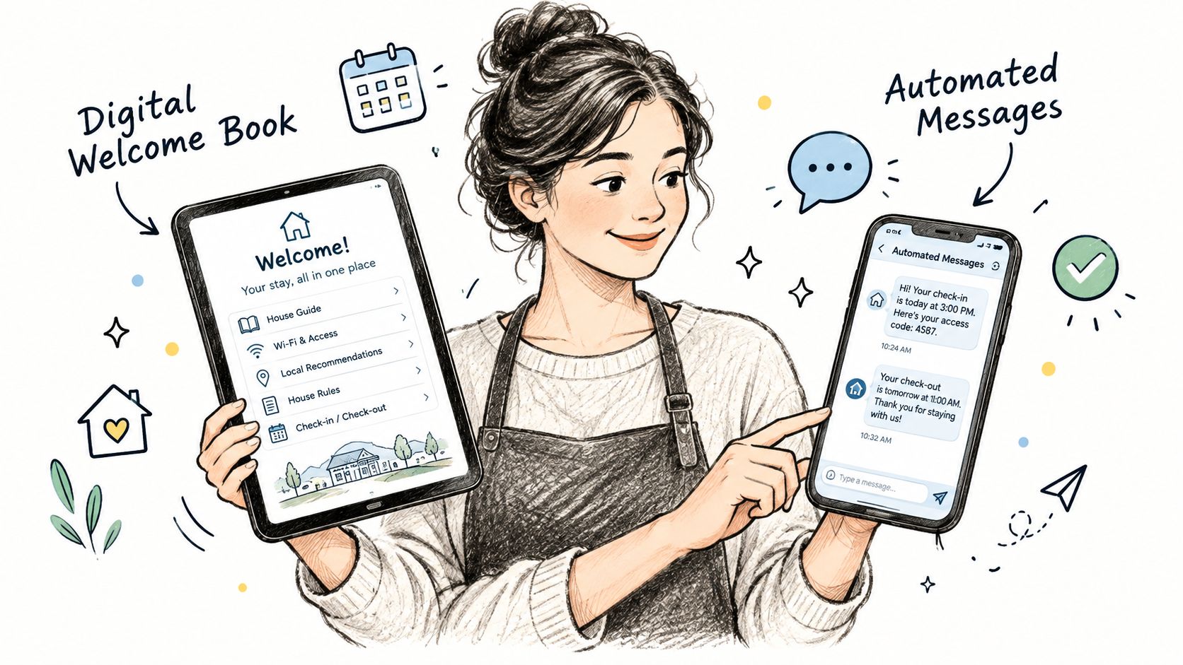 A friendly illustration of a host using a tablet and smartphone to manage guest communication and services.