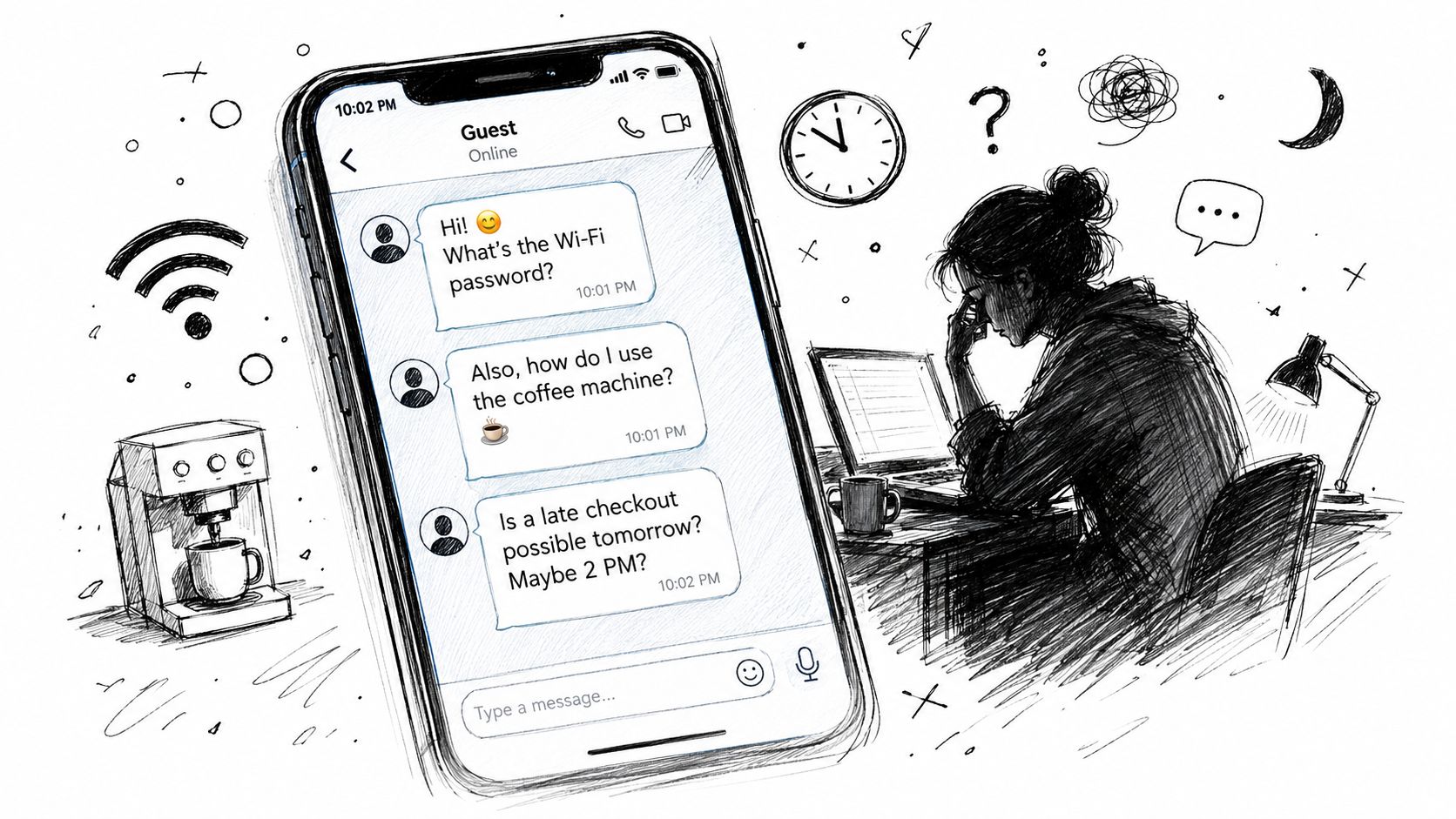 Um esboço desenhado à mão mostrando um anfitrião estressado olhando para a tela de um celular com mensagens persistentes de hóspedes.