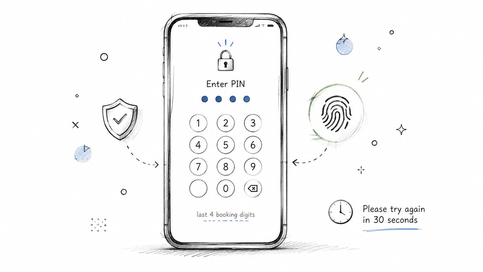 Uma ilustração feita à mão de uma tela de smartphone mostrando um campo de entrada de PIN seguro para autenticação de aplicativo.