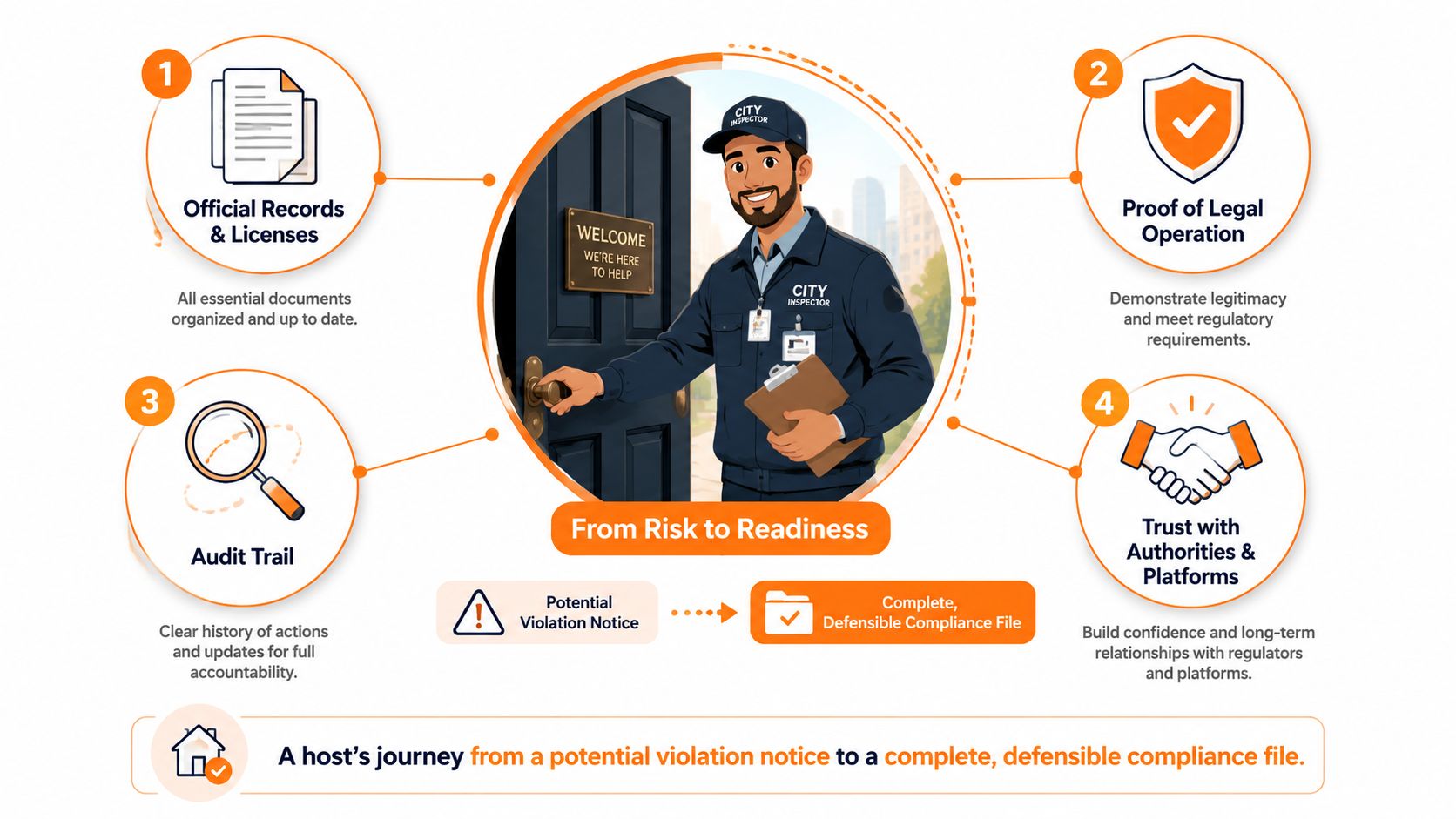 A visual guide showing a host's journey from a violation notice to a complete, defensible compliance file.