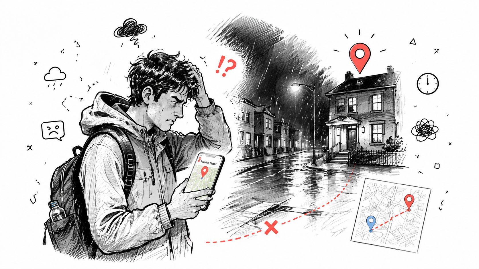 Un viaggiatore confuso controlla una mappa sullo smartphone mentre sta sotto la pioggia di notte.