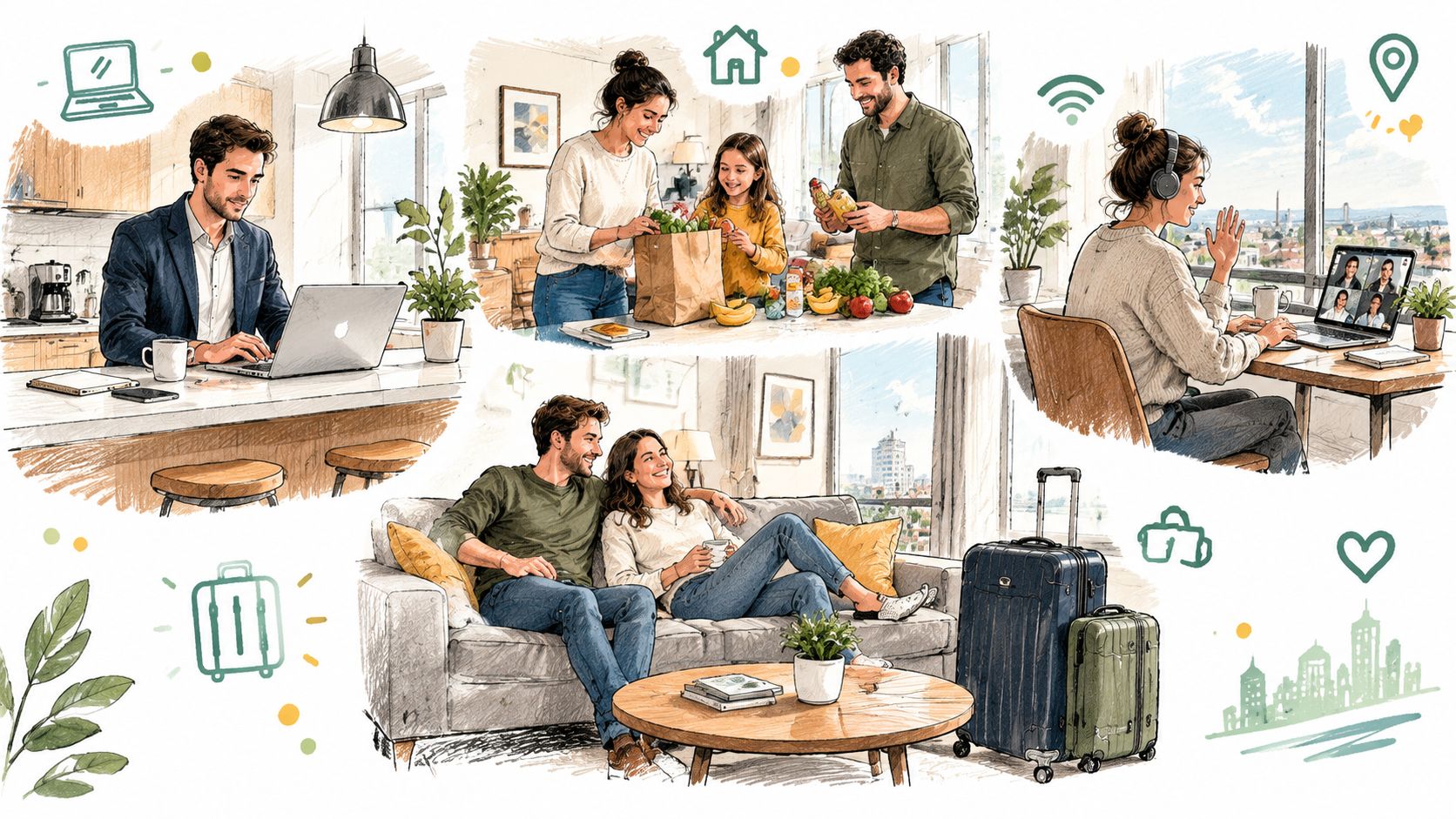 Illustration zu Menschen, die in einem modernen Aparthotel arbeiten und leben.