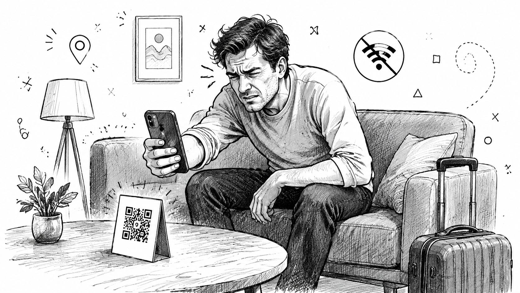 Un hombre frustrado sentado en un sofá intenta escanear un código QR en un pequeño expositor de escritorio.