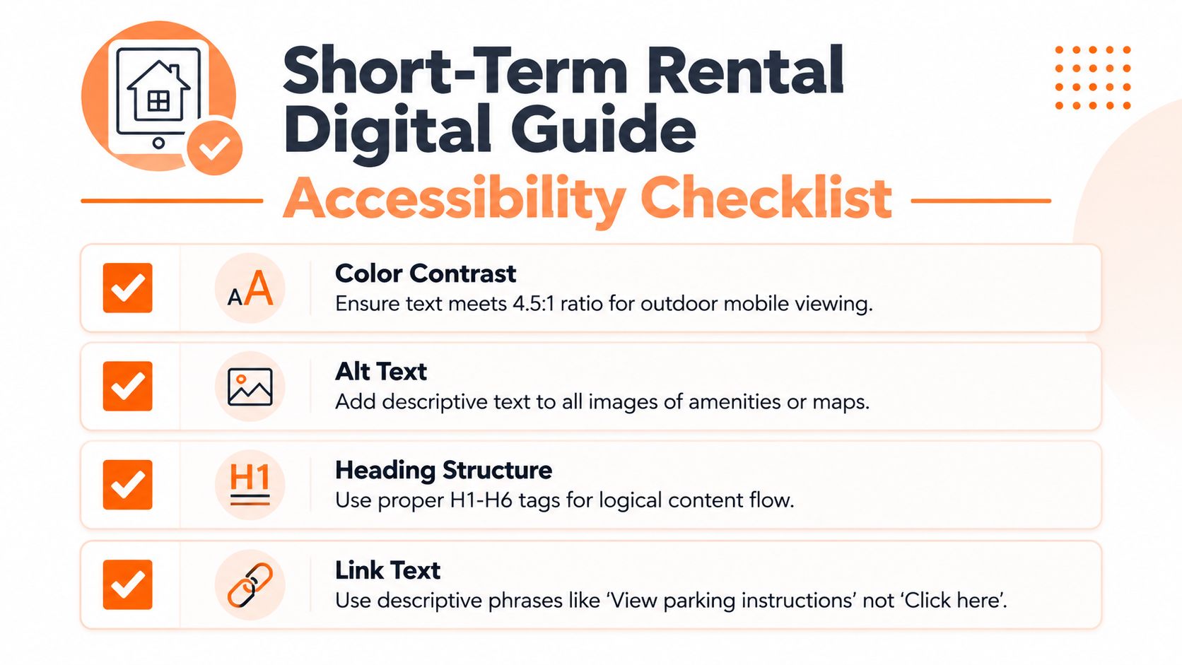 Uma checklist de acessibilidade digital para alojamento local, com dicas sobre contraste de cores, texto alternativo, títulos e links.