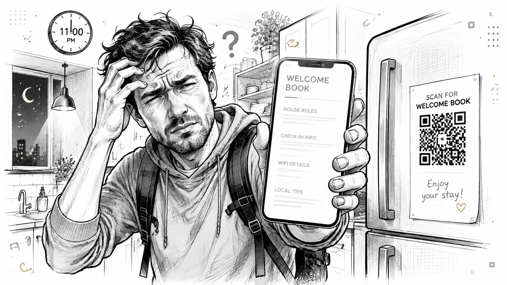 Um viajante confuso a verificar um livro de boas-vindas digital num smartphone dentro de um alojamento à noite.