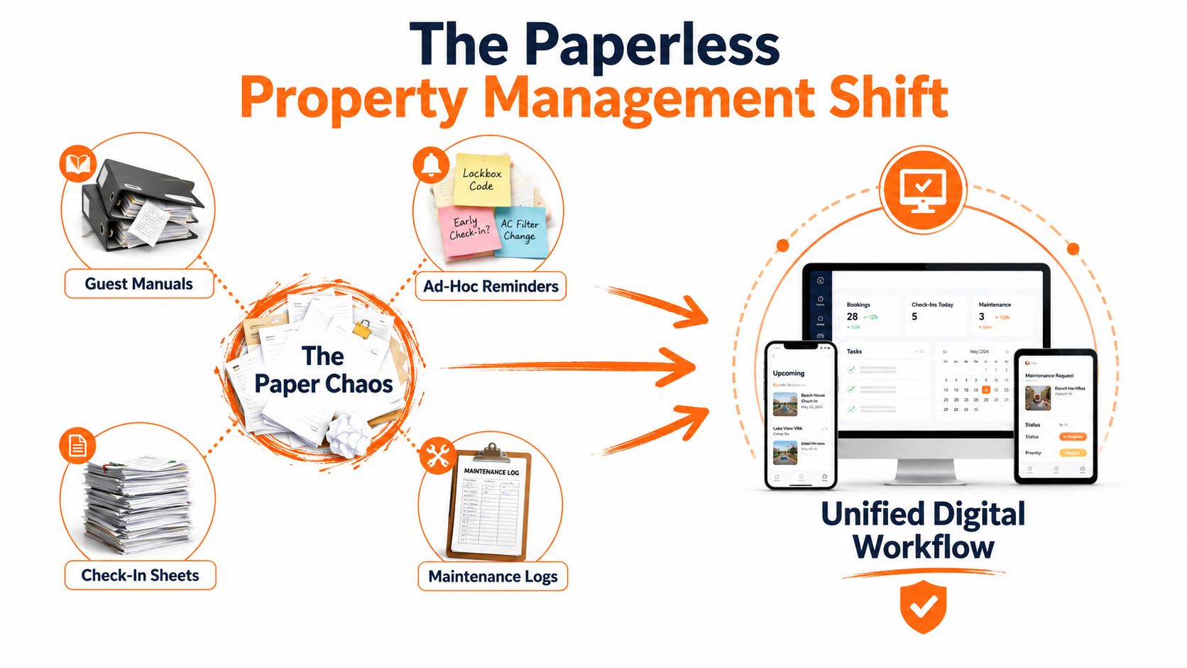 A diagram illustrating the shift from chaotic paper property management to a streamlined unified digital workflow system.