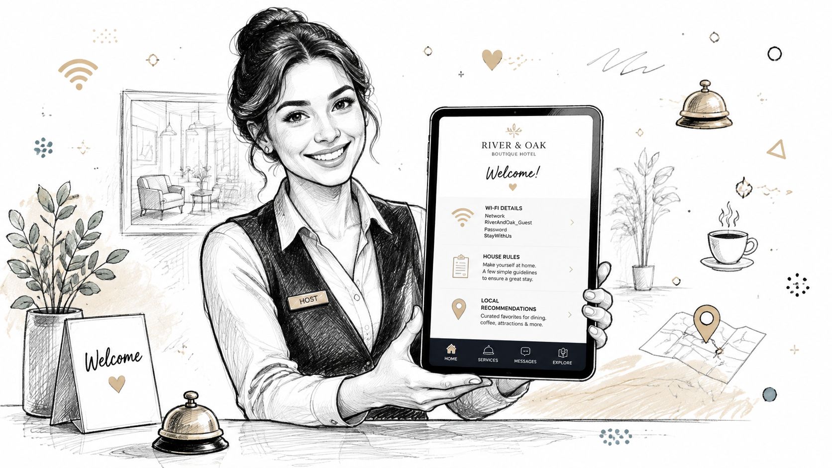 Un hôte accueillant avec une tablette montrant des détails Wi-Fi et recommandations pour les voyageurs.
