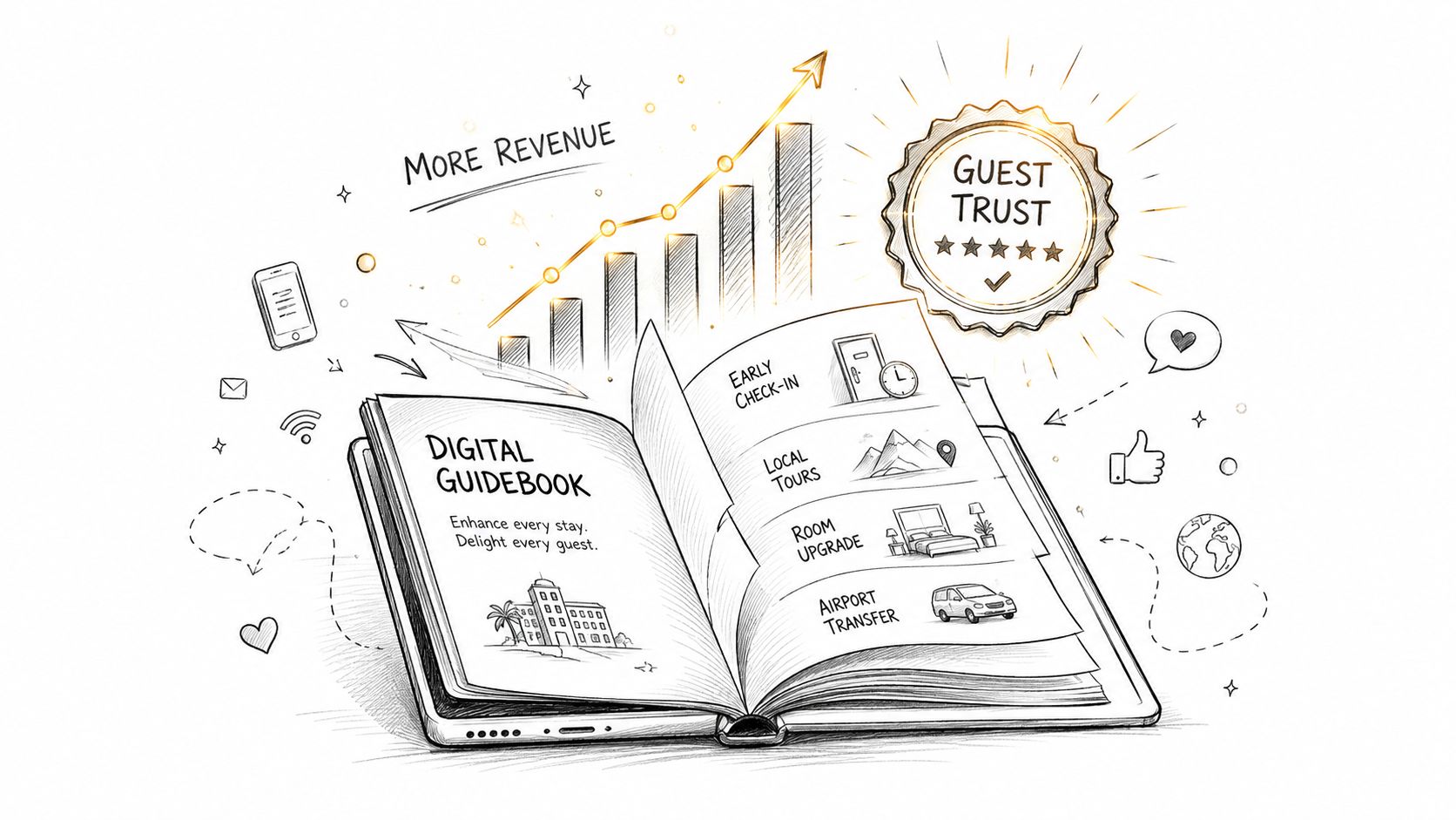 Uma ilustração de um guia digital mostrando serviços como check-in antecipado, passeios, upgrades e traslados de aeroporto.
