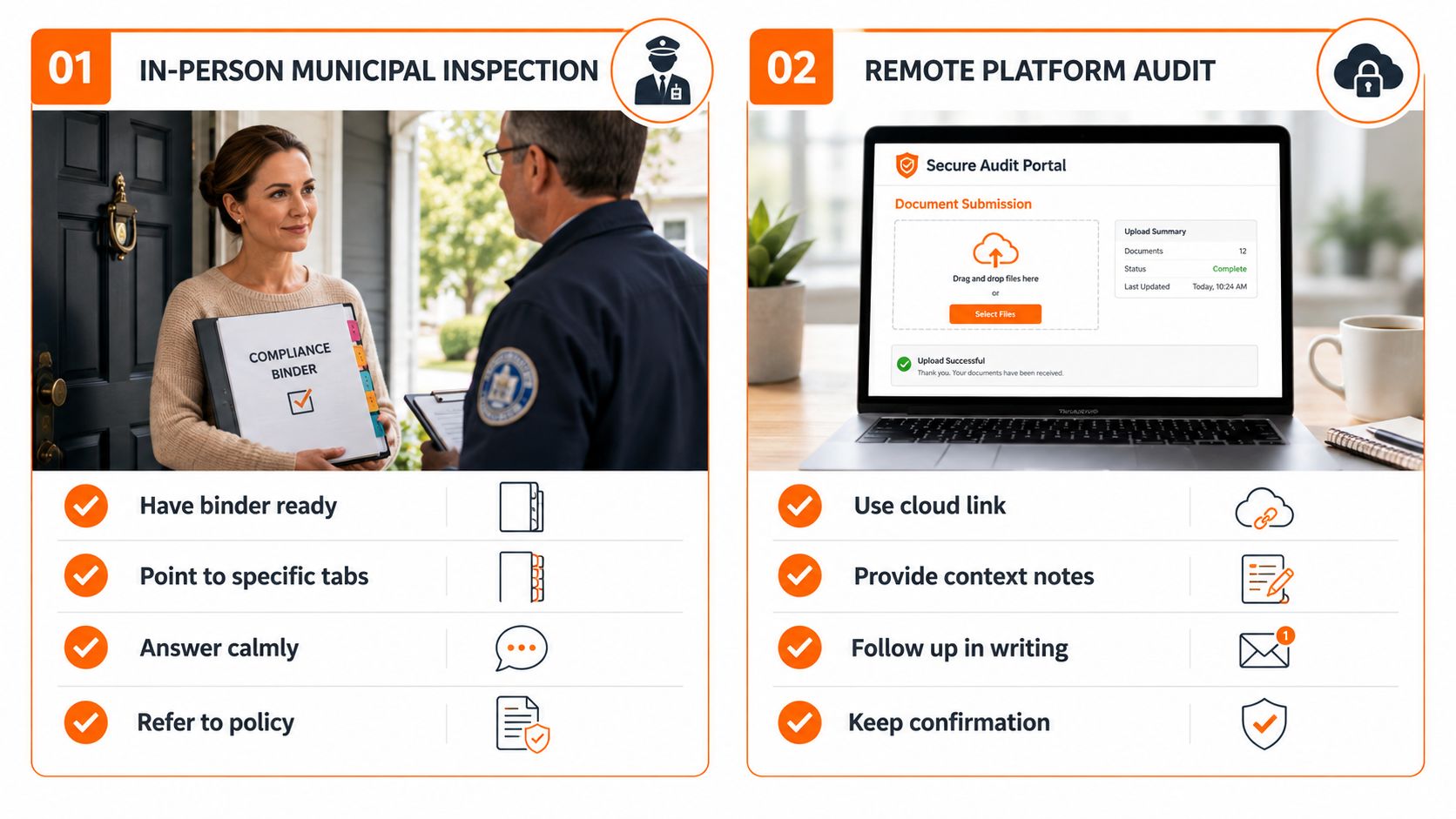 A side-by-side comparison infographic showing steps for in-person municipal inspections versus remote digital compliance platform audits.