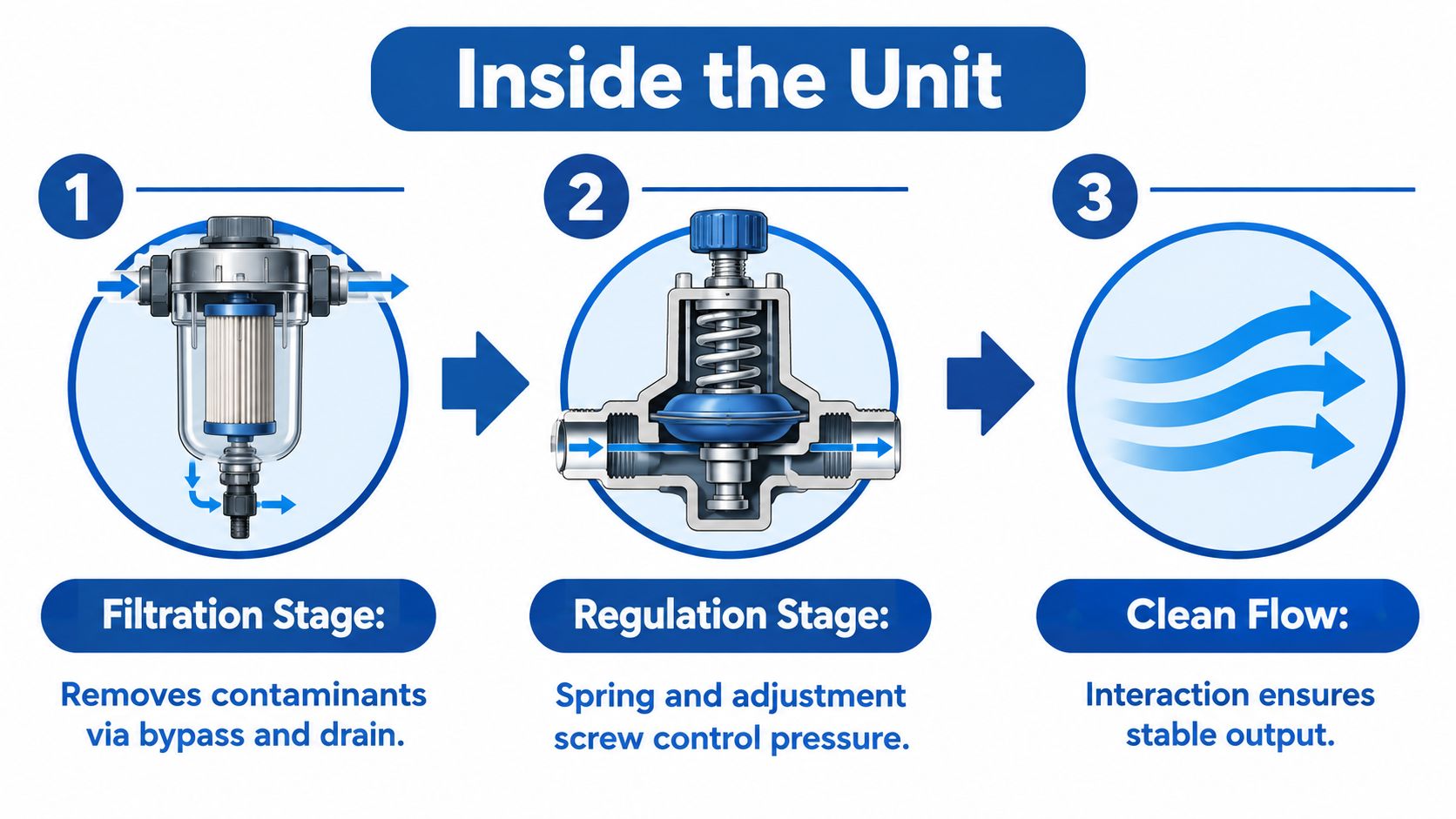 A diagram illustrating the three stages of a filter pressure regulator unit for clean air flow.