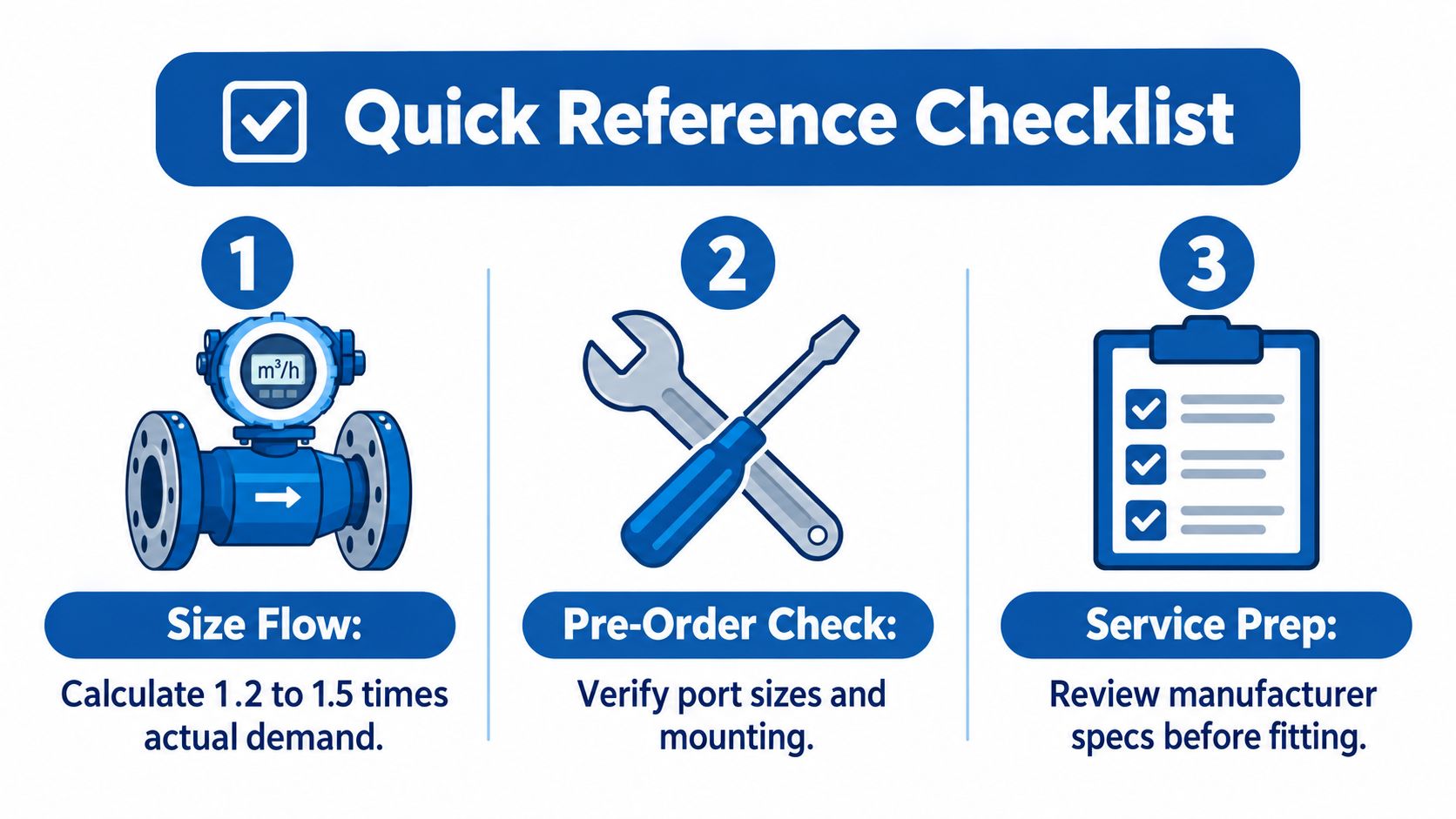 A quick reference checklist graphic illustrating three steps for installing a flow meter or regulator device.