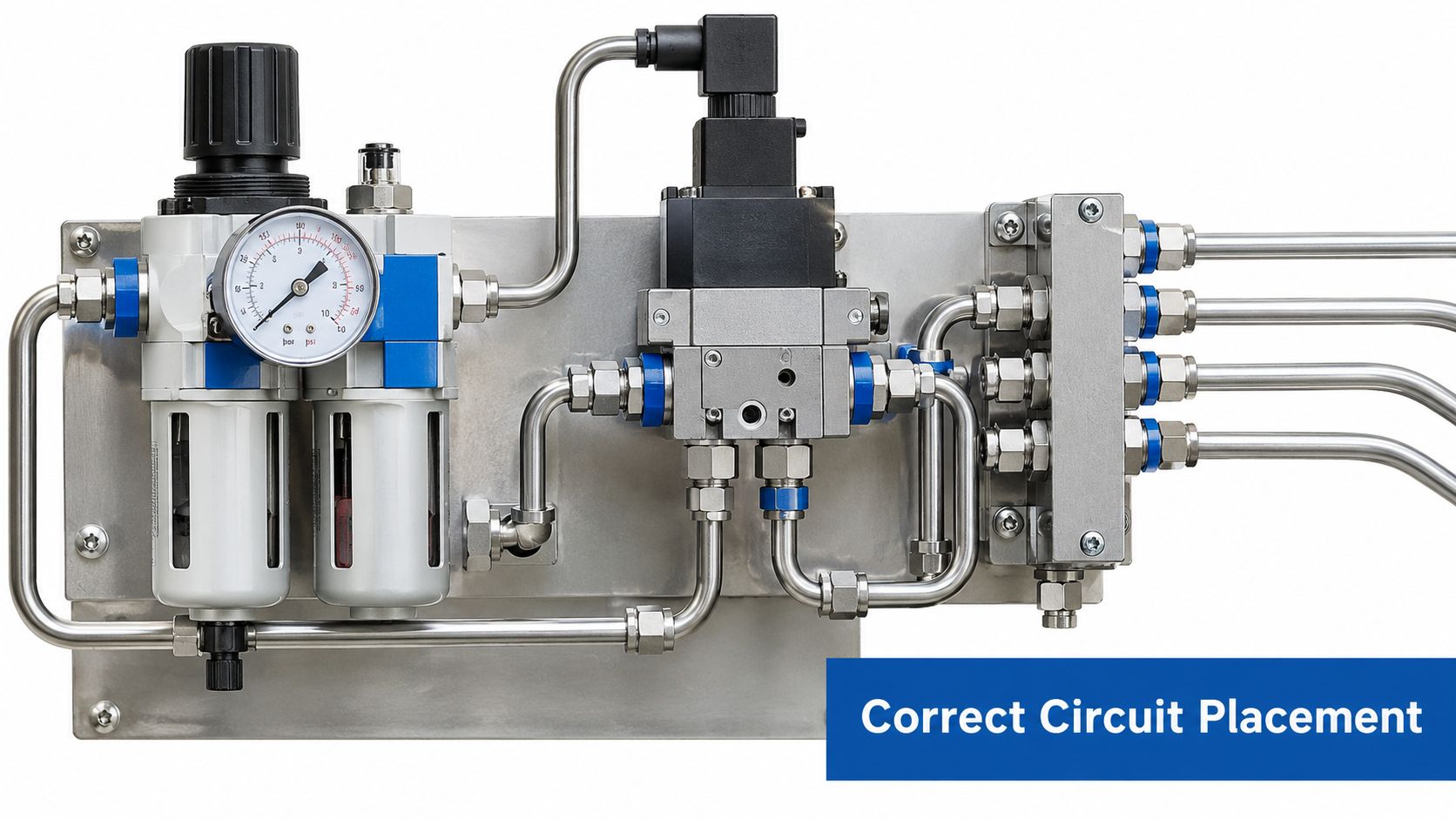 A professional industrial pneumatic control panel featuring a filter pressure regulator, solenoid valve, and metal tubing assembly.