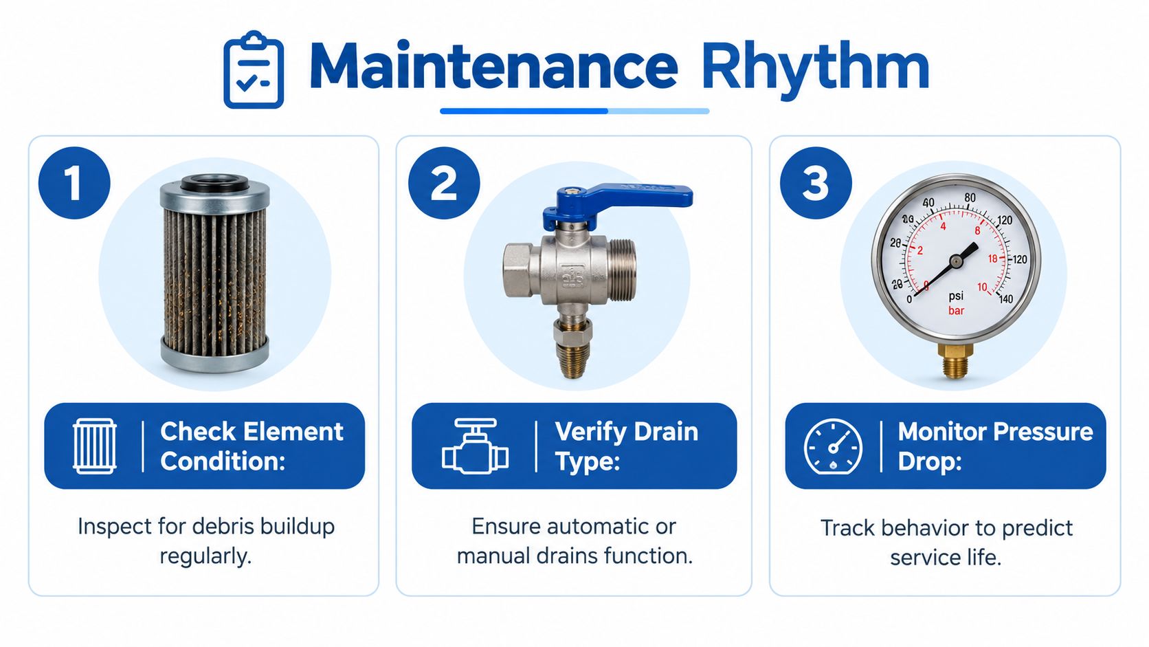 A three-step maintenance rhythm infographic illustrating procedures for air filter and pressure regulator systems.