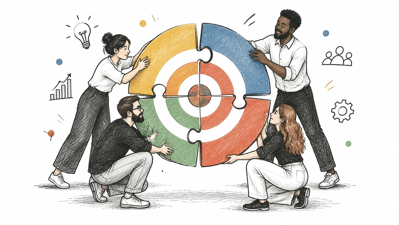 A diverse team collaborating to assemble a large circular puzzle representing shared business goals.