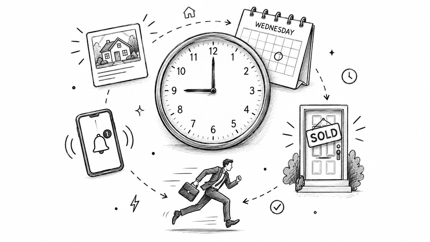 A pencil sketch illustrating a real estate process involving a timeline, house photos, mobile notifications, and sold homes.
