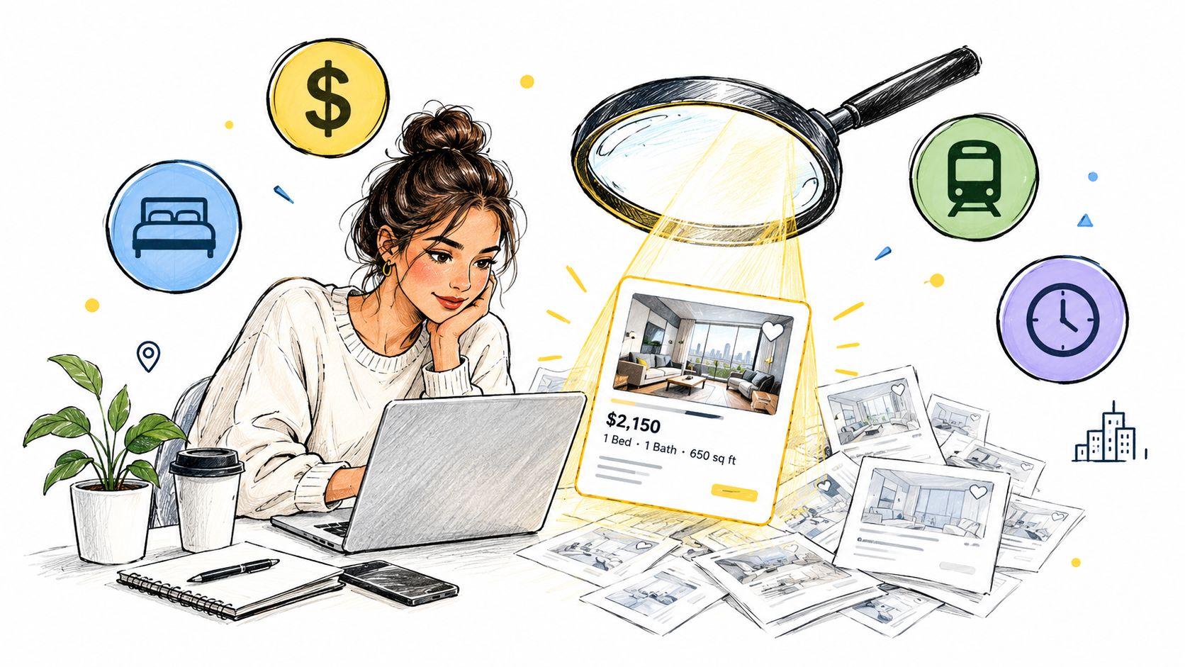 A young woman uses a laptop to search for available apartments online, visualizing housing listings.