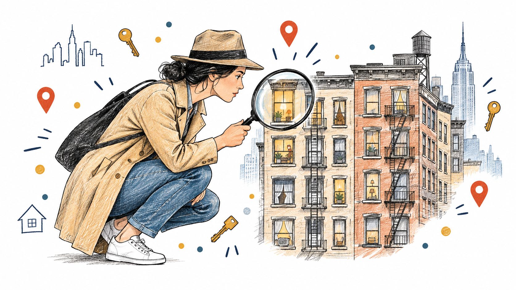 A woman with a magnifying glass examining NYC apartment buildings, representing a search for rental opportunities.