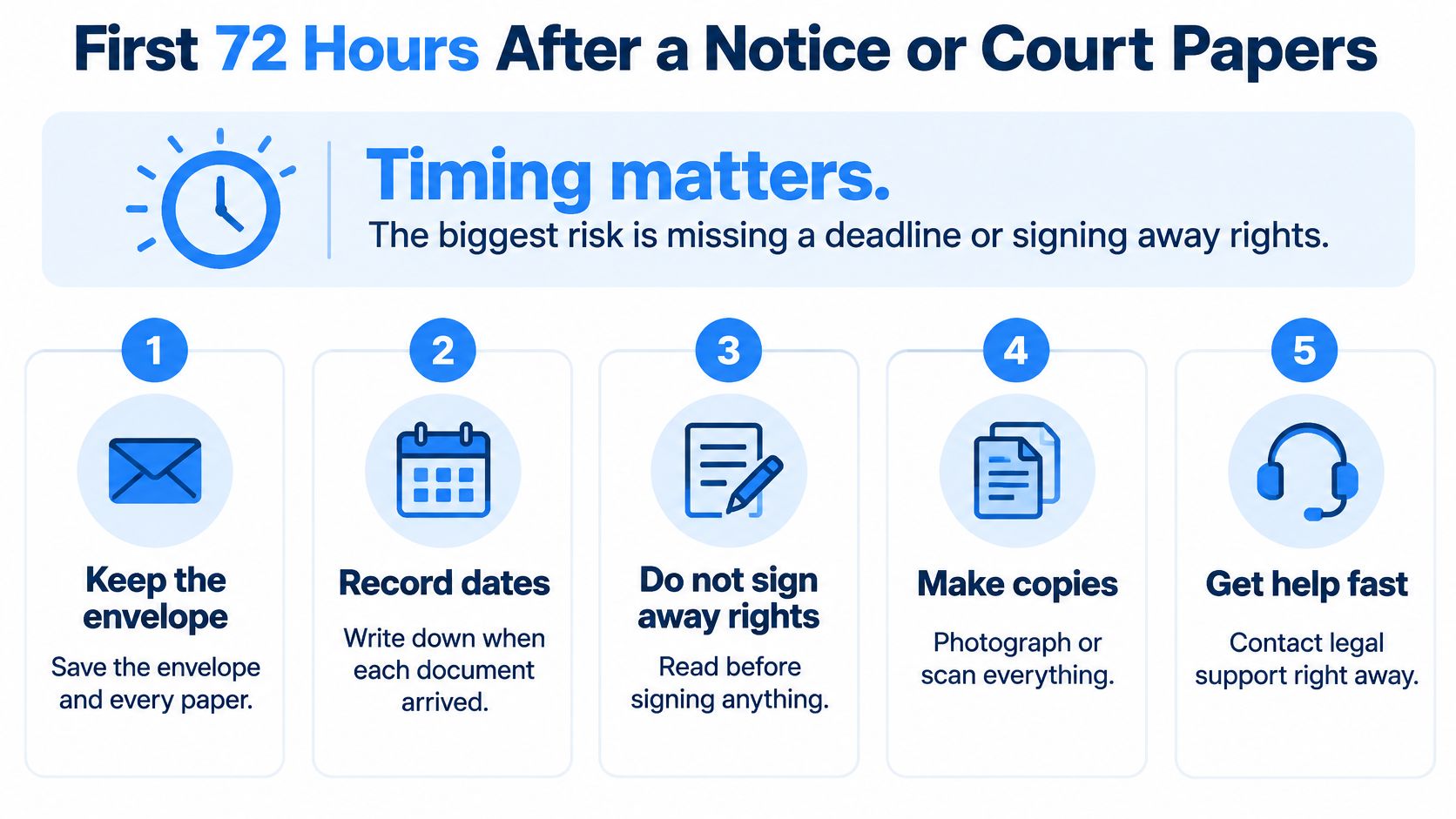 A checklist of five essential steps to follow after receiving a legal notice or court papers.