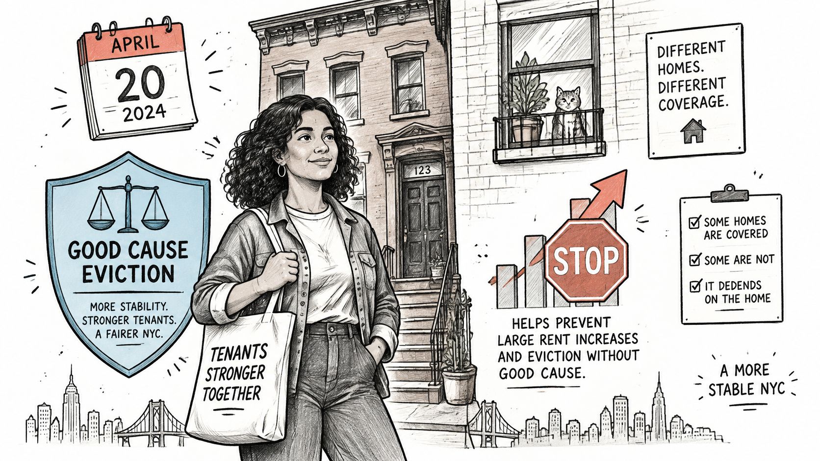 A woman stands in front of a building with graphics about New York City tenant rights reform.