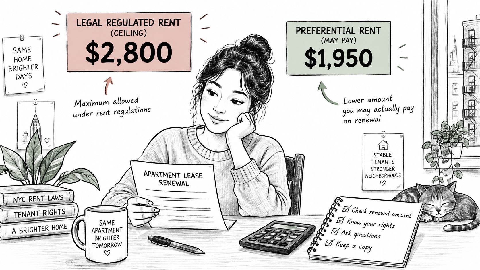 A woman reviewing an apartment lease renewal with information about legal regulated and preferential rent amounts.