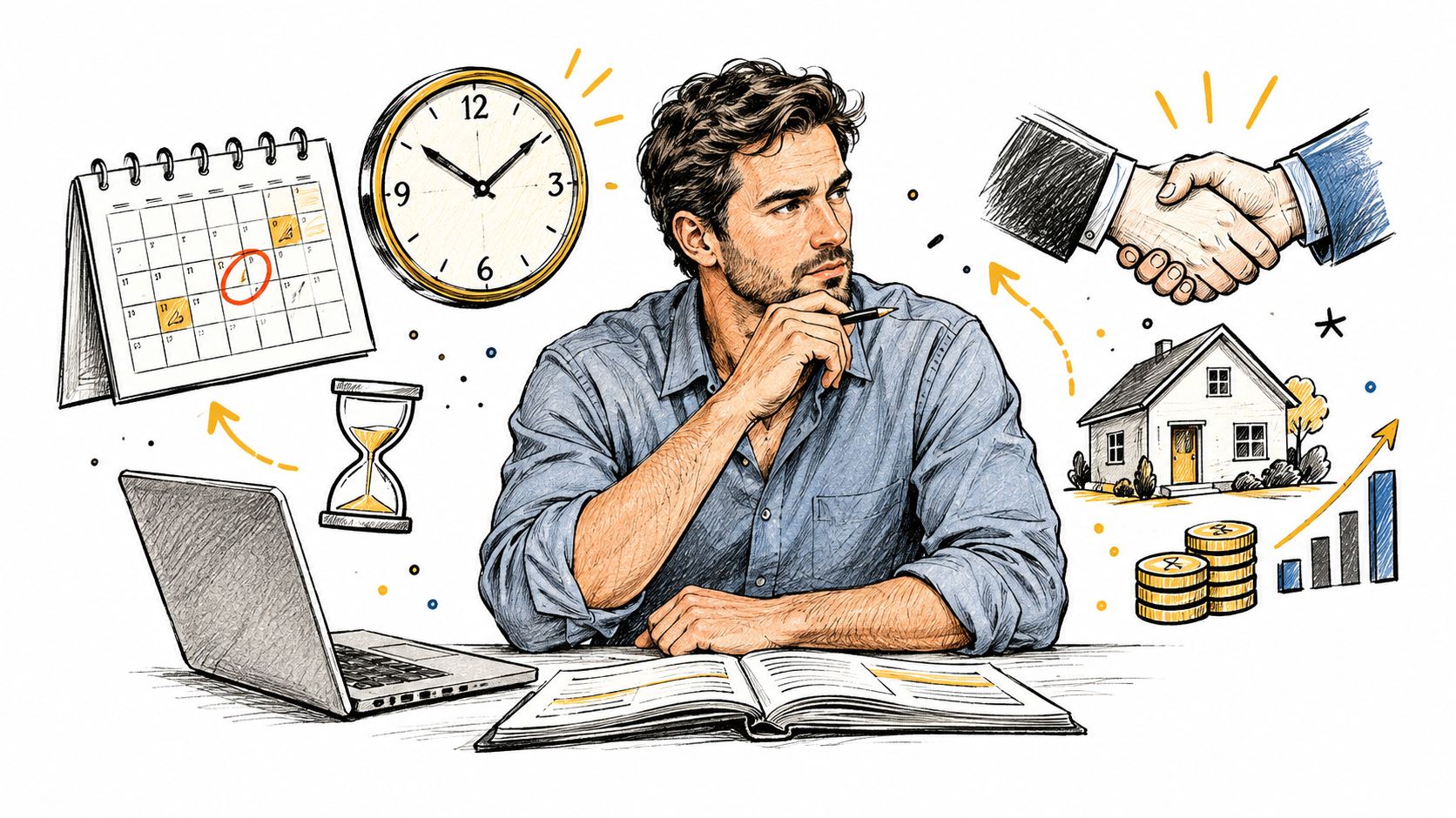 A contemplative man sitting at a desk surrounded by illustrations of a calendar, clock, hourglass, house, and coins.