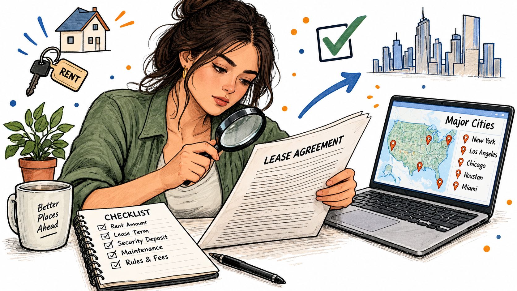 A woman reviewing a lease agreement with a magnifying glass while using a laptop with a map.