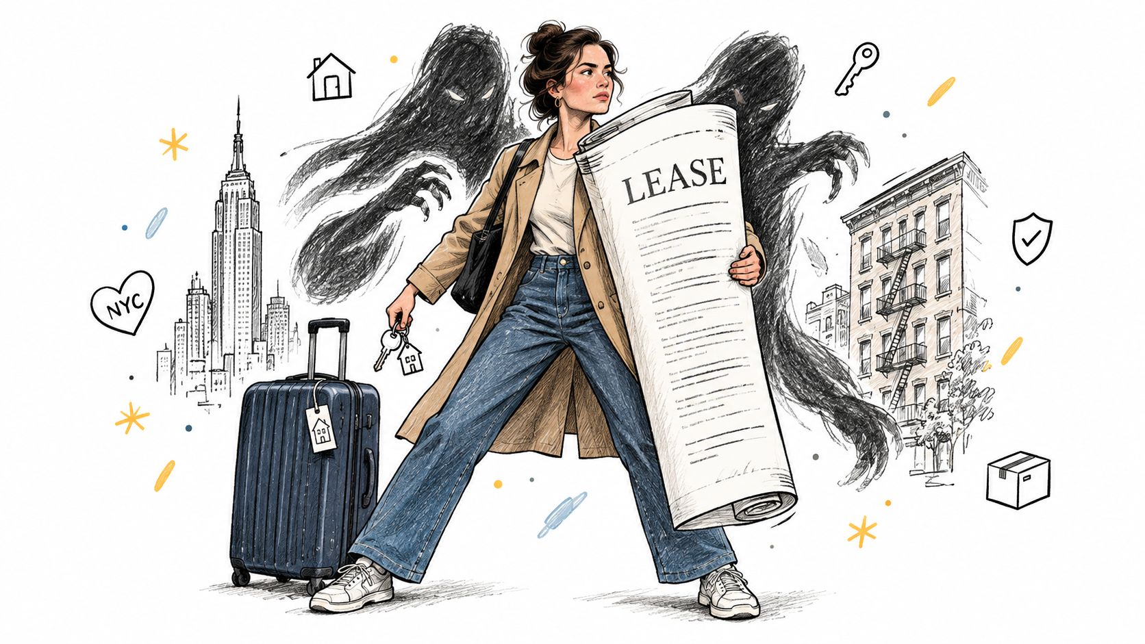 A woman confidently walking while holding a large lease document, surrounded by NYC imagery and metaphorical shadows.