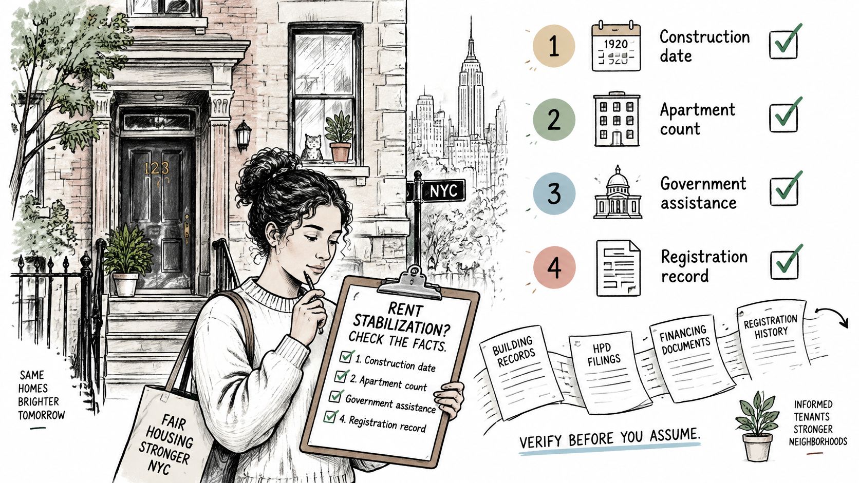 A woman checking a clipboard regarding NYC rent stabilization facts like construction date and registration records.