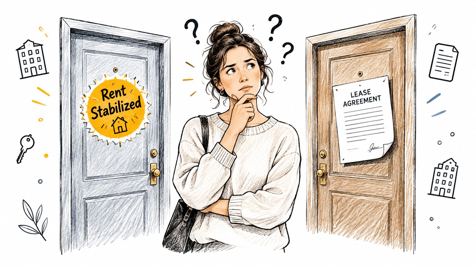 A woman stands between two doors, contemplating between a rent stabilized apartment and a standard lease agreement.