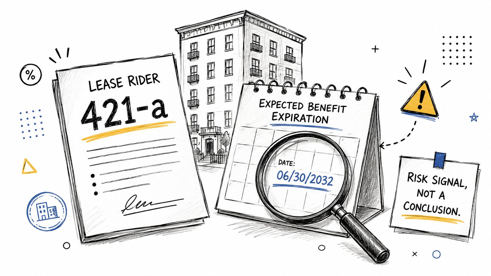 An illustration showing a lease rider document, a building, a calendar with an expiration date, and a risk warning.