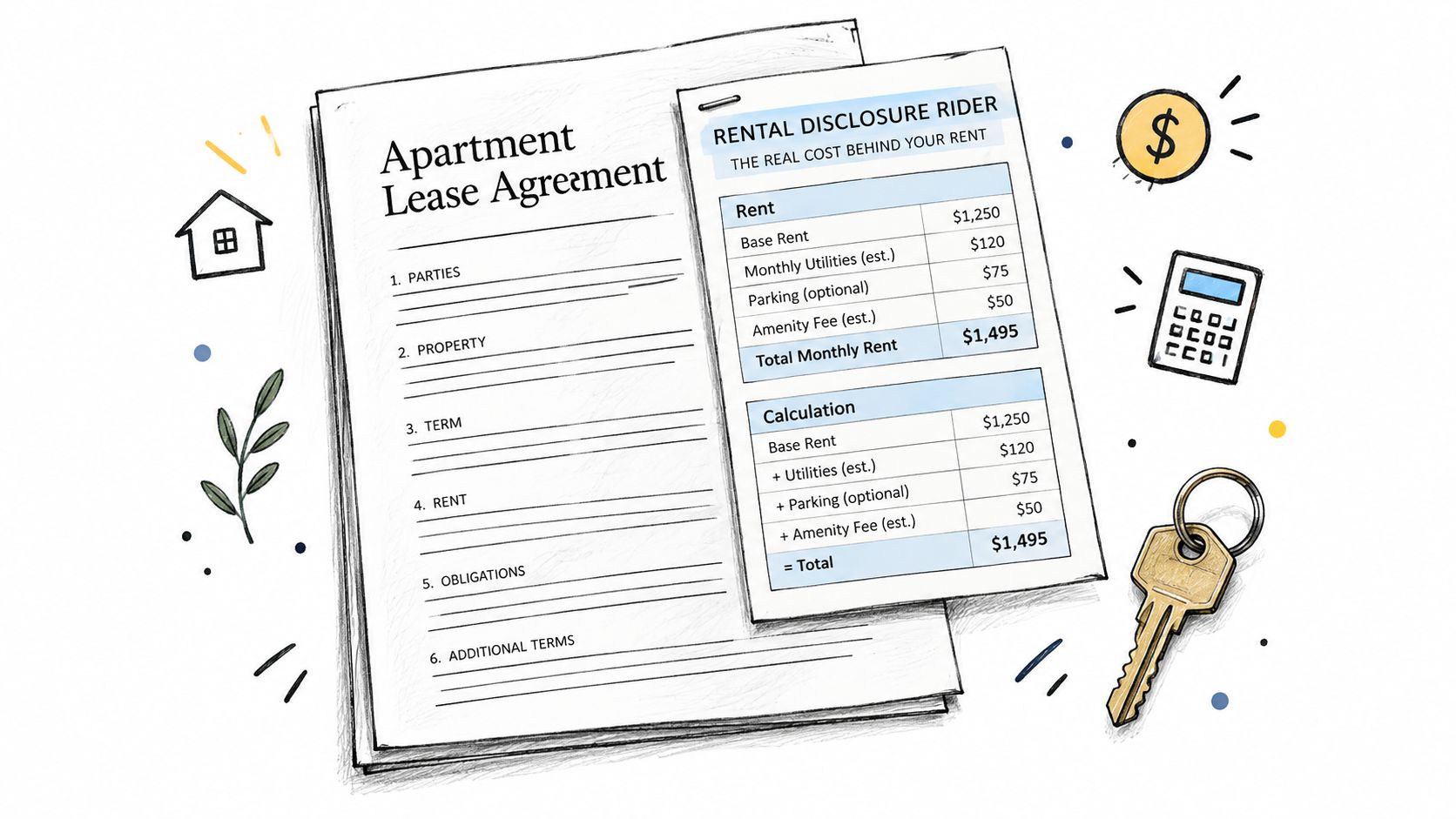 A hand-drawn illustration showing an apartment lease agreement document with an attached rental disclosure rider table.
