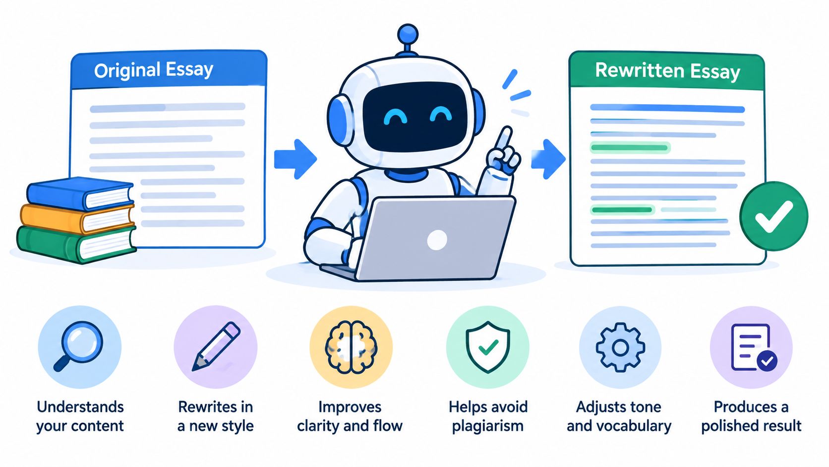 A robot character editing text on a laptop, illustrating an AI tool for rewriting essays professionally.