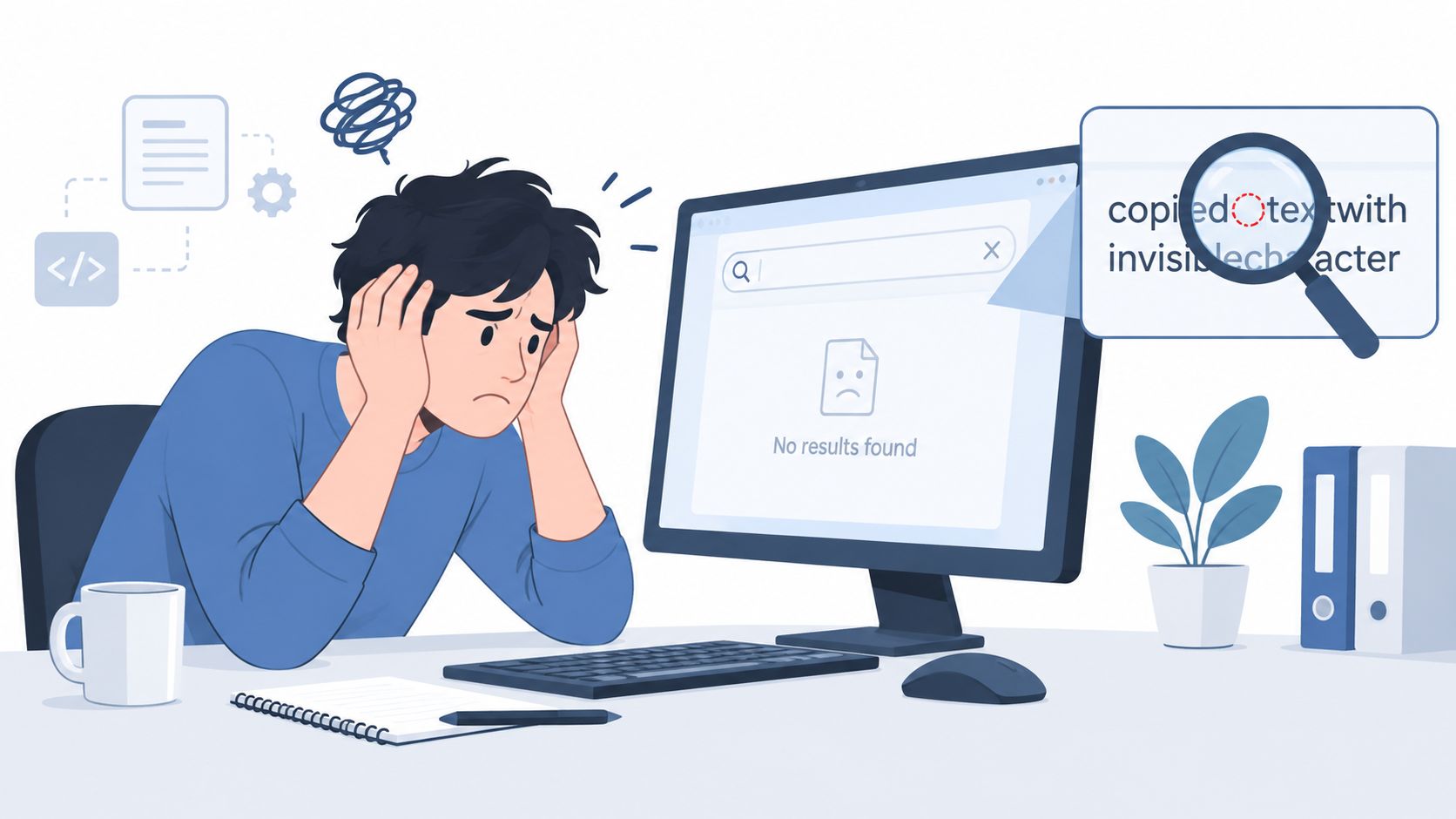 A frustrated person looking at a computer screen showing no results found for an invisible character search.