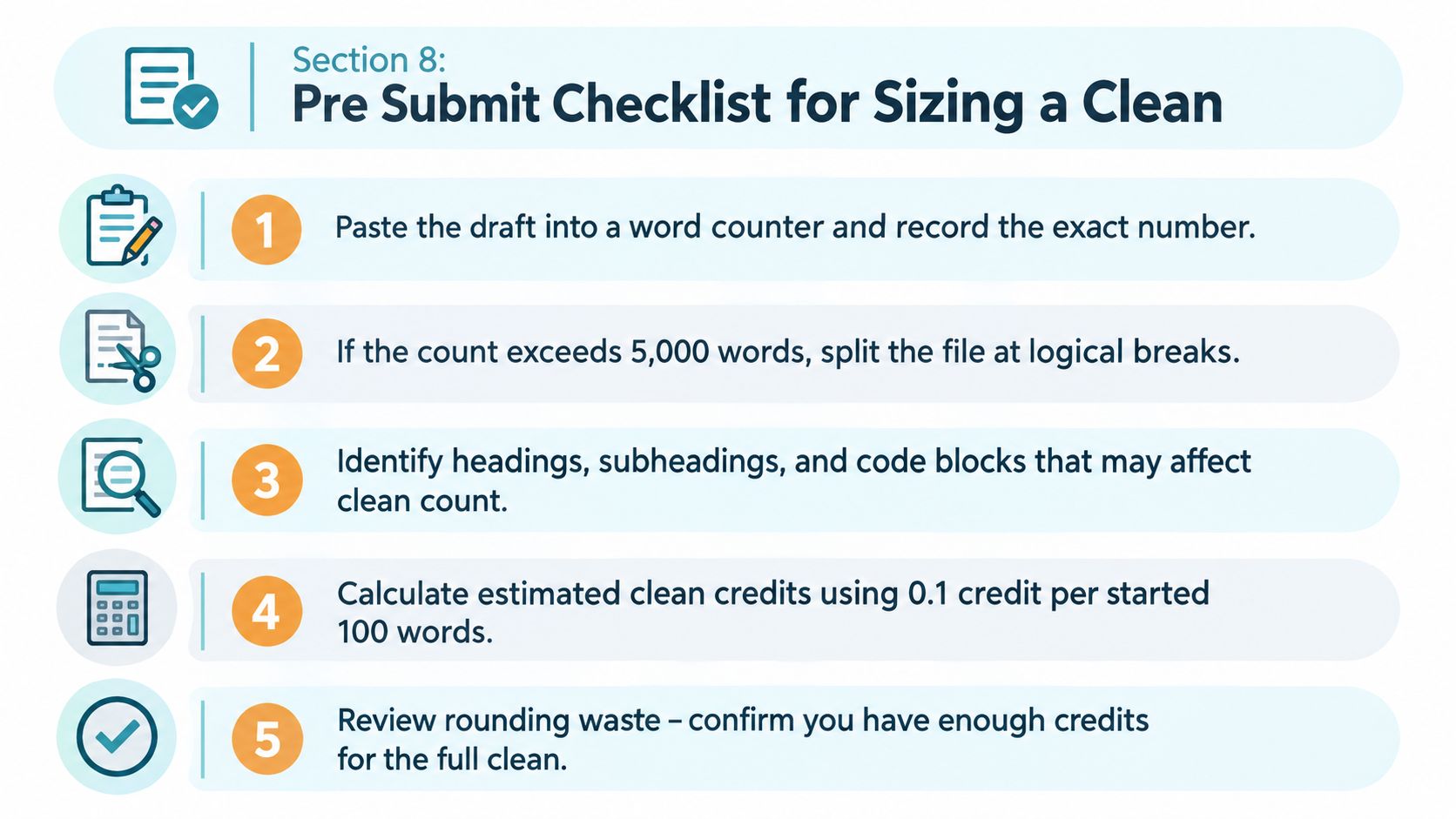 A checklist infographic titled Section 8 guiding users through sizing a clean with five numbered steps.