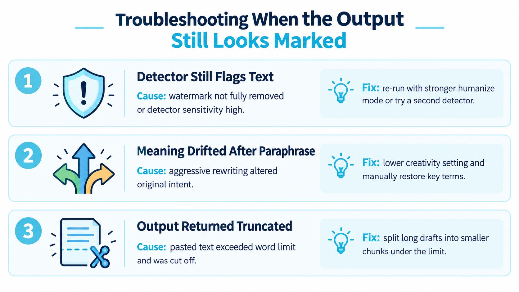 A troubleshooting infographic explaining common issues with AI text paraphrasing and how to fix them.