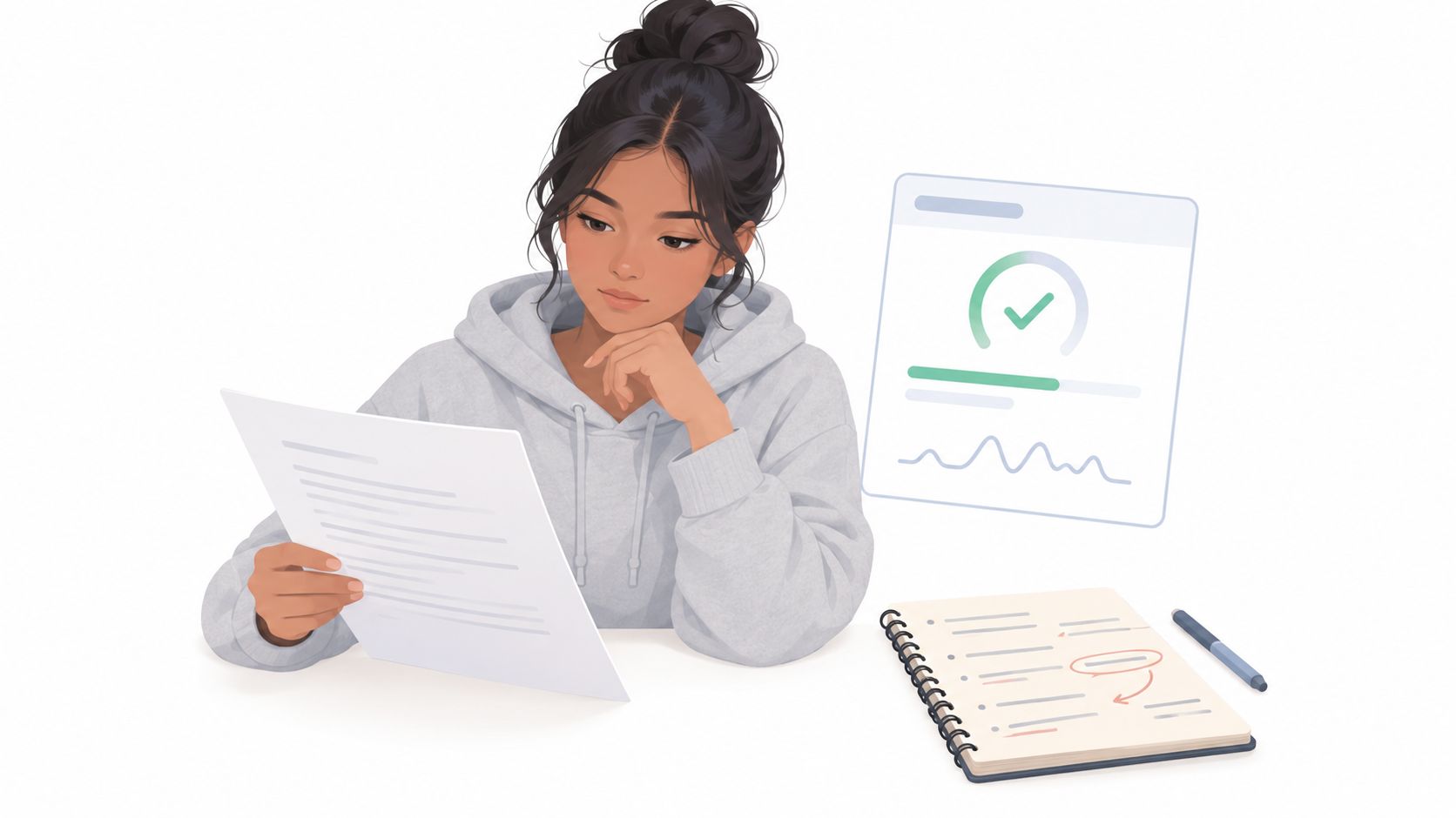 A young woman in a grey hoodie reads a document while studying with notes and digital progress icons.