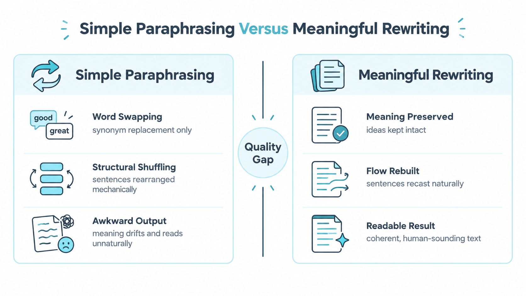 A comparison chart showing the differences between basic word-swapping paraphrasing and high-quality, meaningful writing for better content.