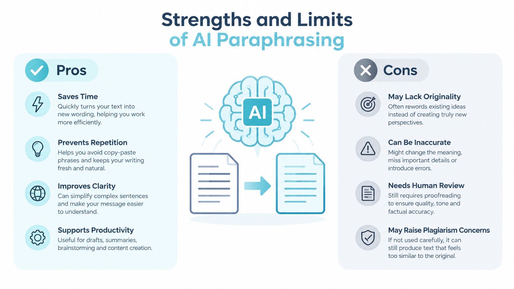 An infographic titled Strengths and Limits of AI Paraphrasing, listing key pros and cons of using AI tools.