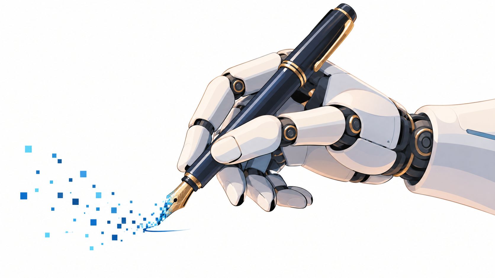 A robotic hand holding a fountain pen, writing with digital blue square pixels on a white background.