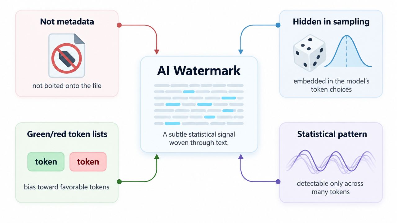 A diagram explaining AI watermark concepts including sampling, token lists, statistical patterns, and non-metadata file properties.