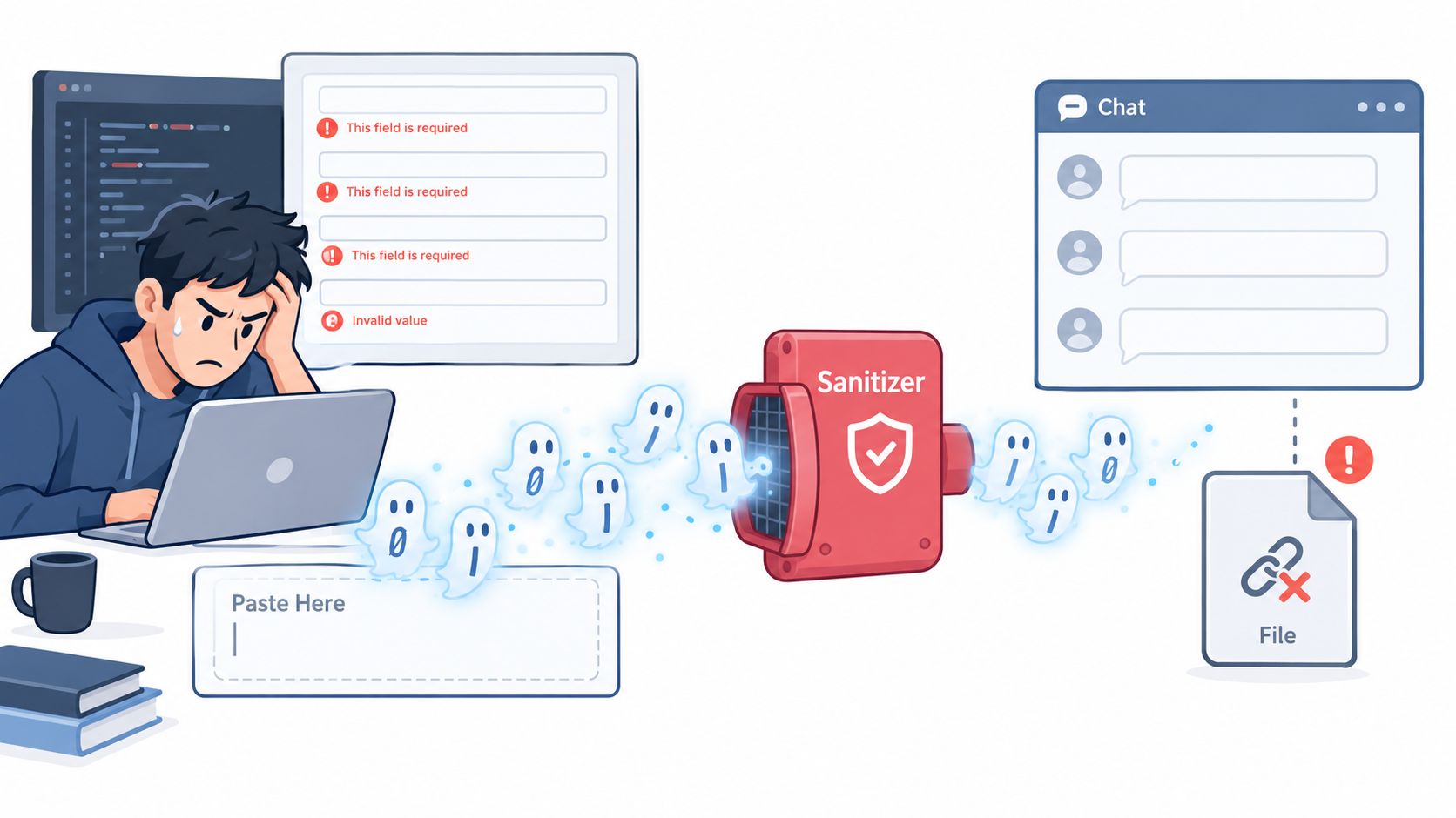 A frustrated developer watches as code ghosts pass through a digital sanitizer to remove malicious file links.