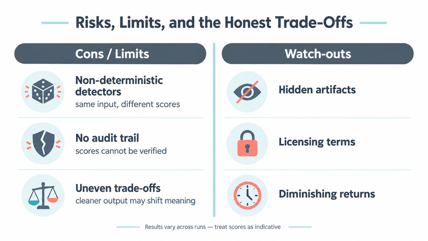 An infographic titled Risks, Limits, and the Honest Trade-Offs listing cons and watch-outs for detection tools.