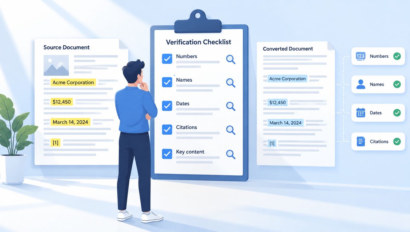 A person reviewing a verification checklist between a source document and a converted document, illustrating automated data extraction.