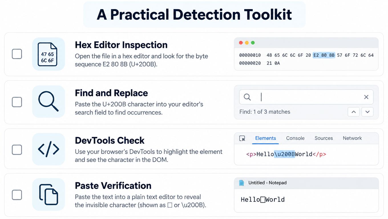 A practical detection toolkit infographic showing four methods for identifying invisible zero width space characters in text.