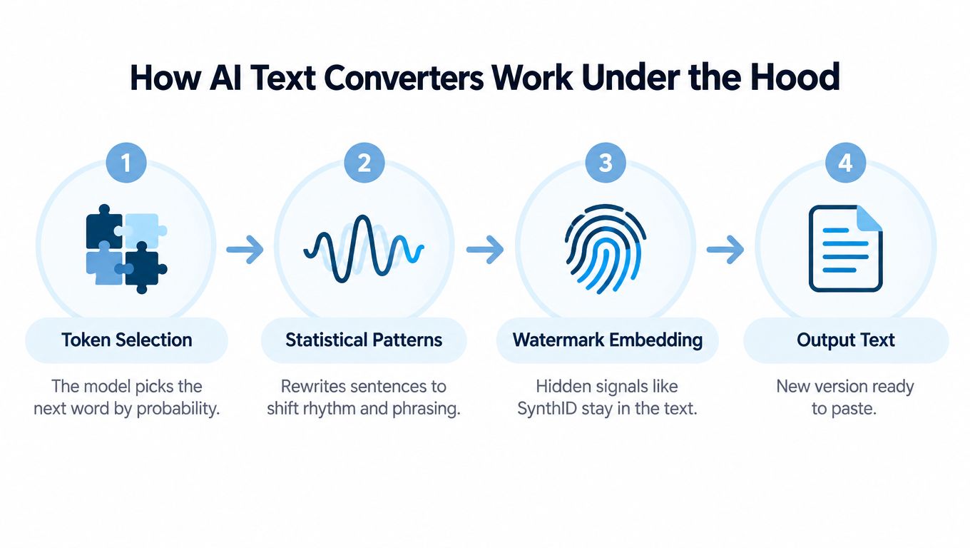 A diagram illustrating the four-step process of how AI text converters function to create new content.