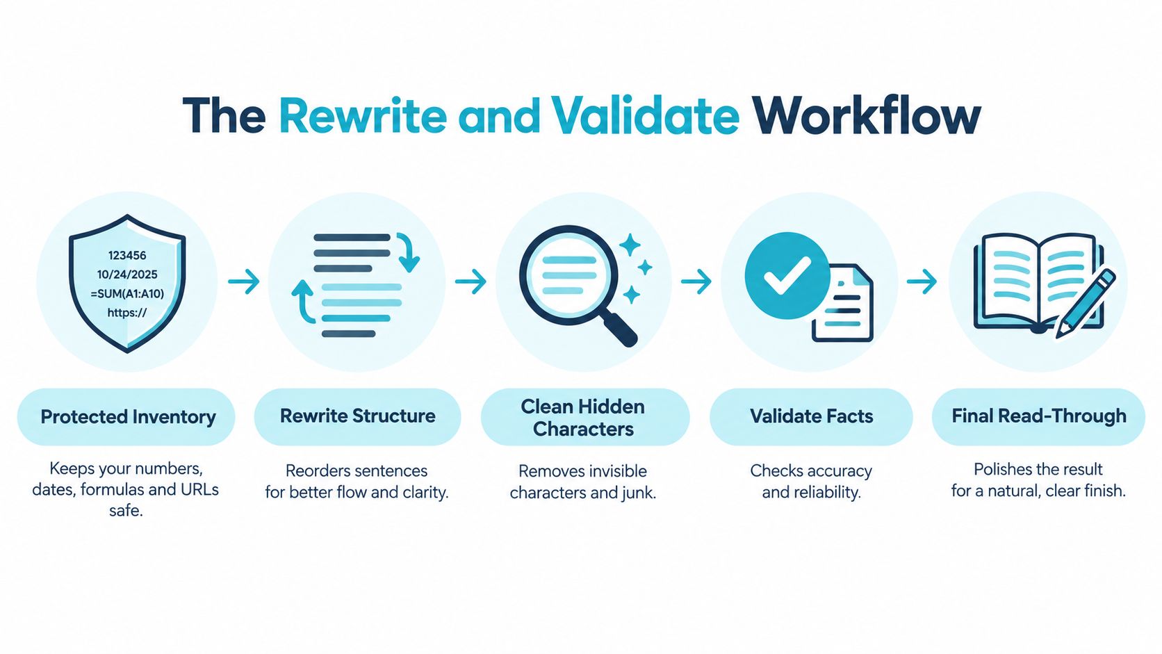 A five-step workflow diagram titled The Rewrite and Validate Workflow, illustrating processes for editing and refining digital content.