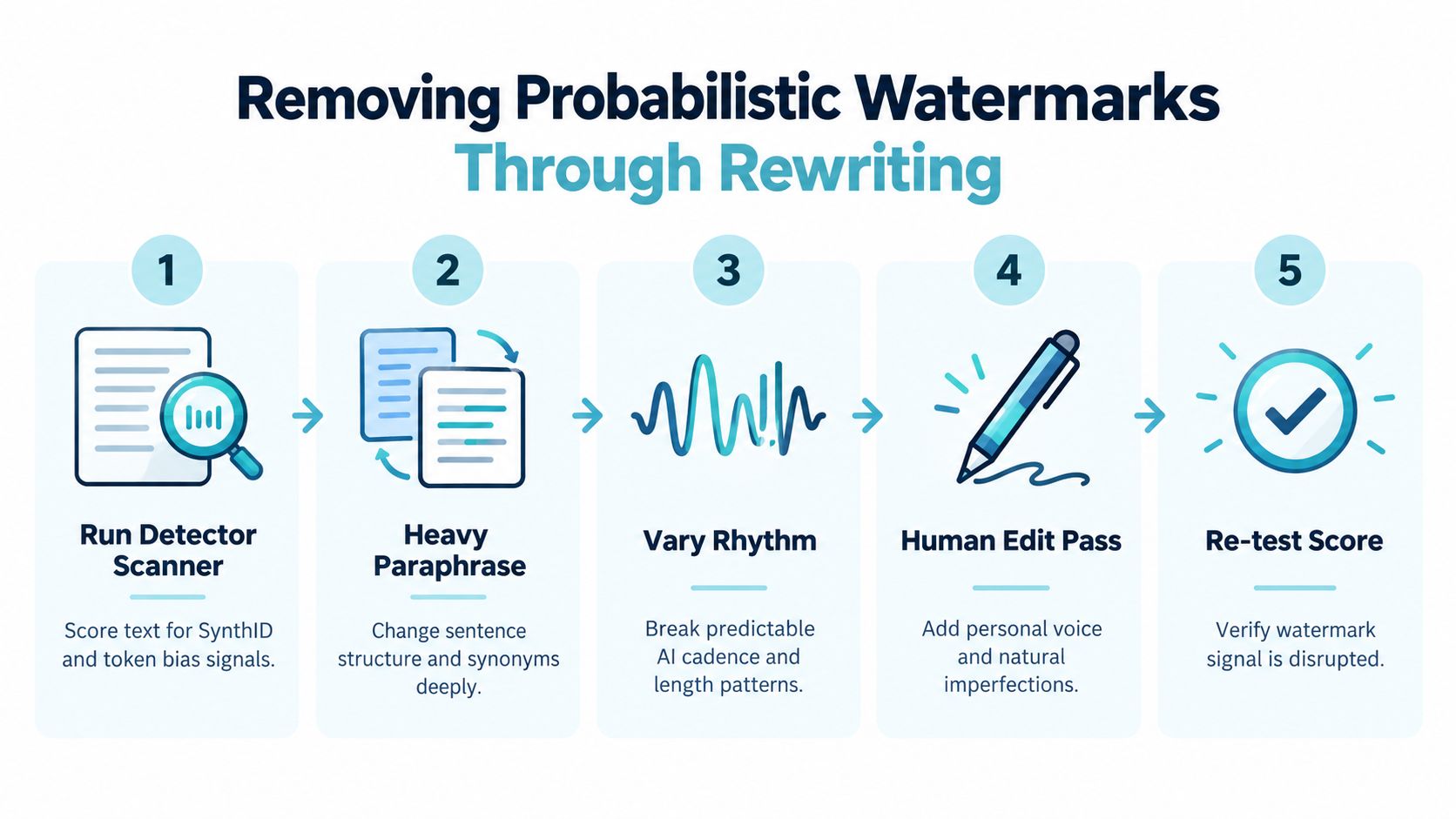 A five step infographic illustrating how to remove probabilistic watermarks from AI generated text through rewriting techniques.