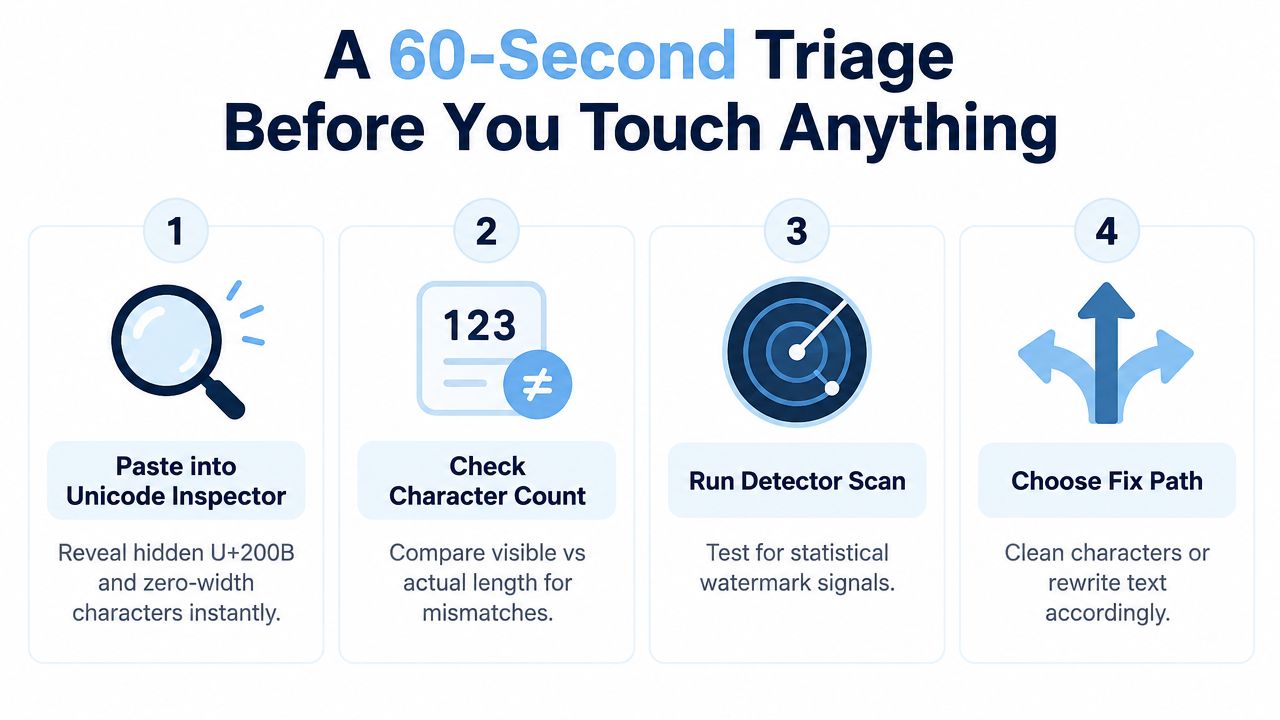 An infographic showing a four-step triage process to detect and remove hidden digital watermarks from text.