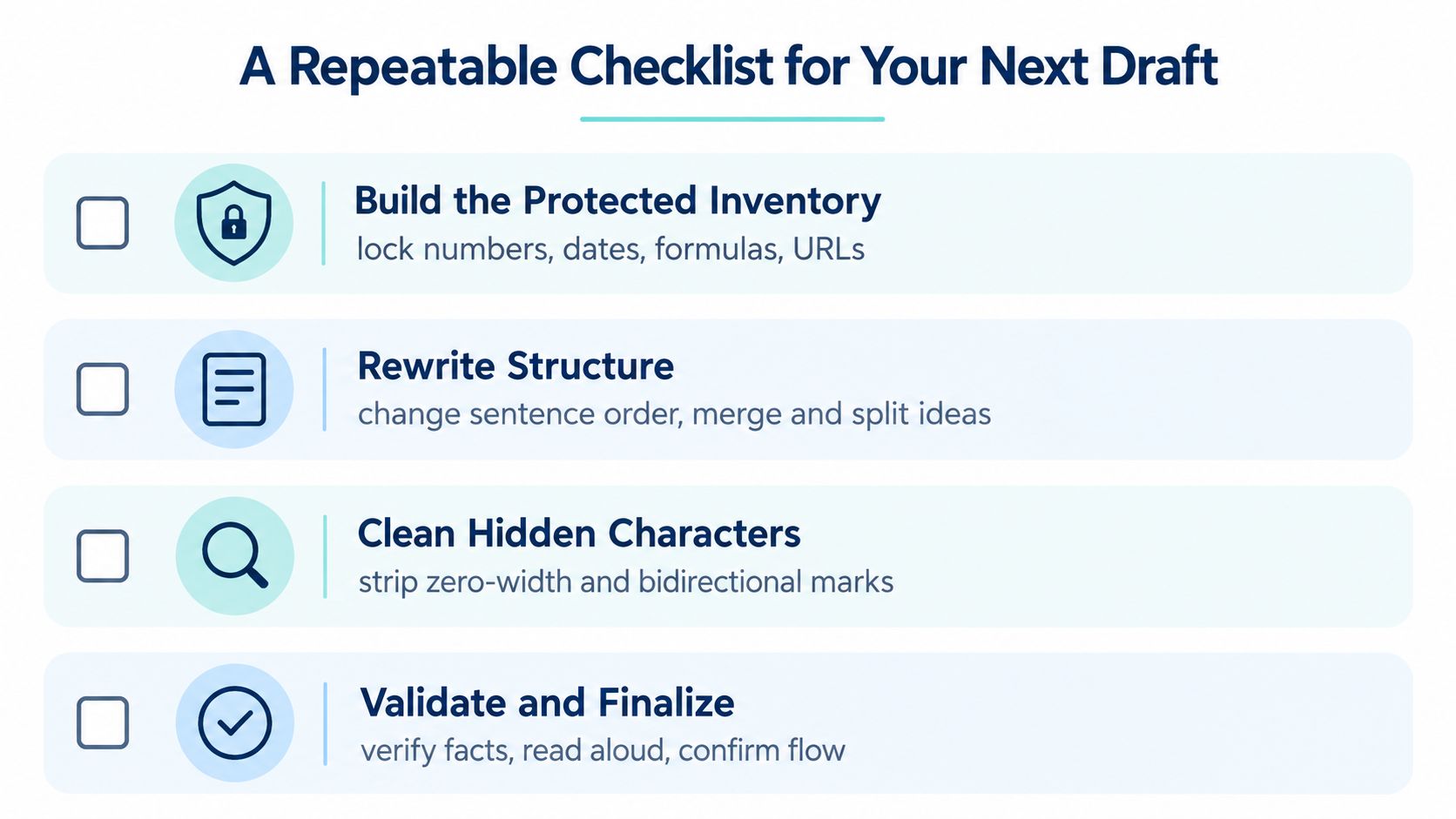 A four-step checklist for editing drafts, showing tasks like protecting inventory, rewriting structure, and finalizing content.
